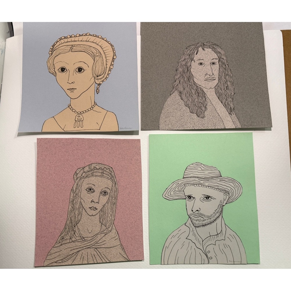Lot of 4 Original OOAK Portrait Drawing Pen Ink Collage Art Handmade Renaissance